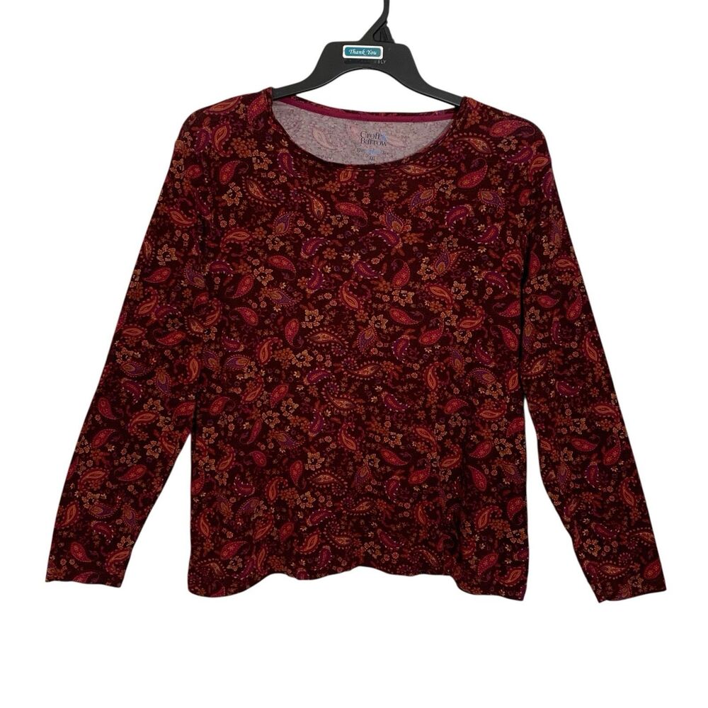 Croft & Barrow T-Shirt Top Women Size XXL Burgundy Paisley Long Sleeve Cotton